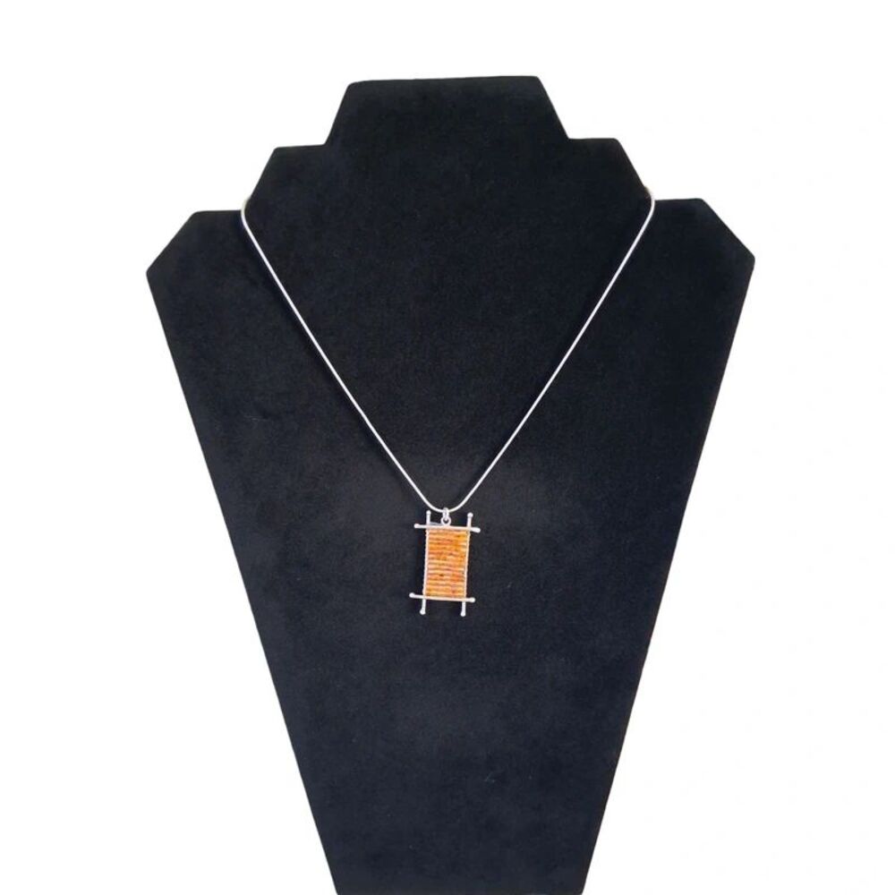 Silver Toned Metal Snake Chain Lightweight Orange Seed Beaded Pendant Necklace